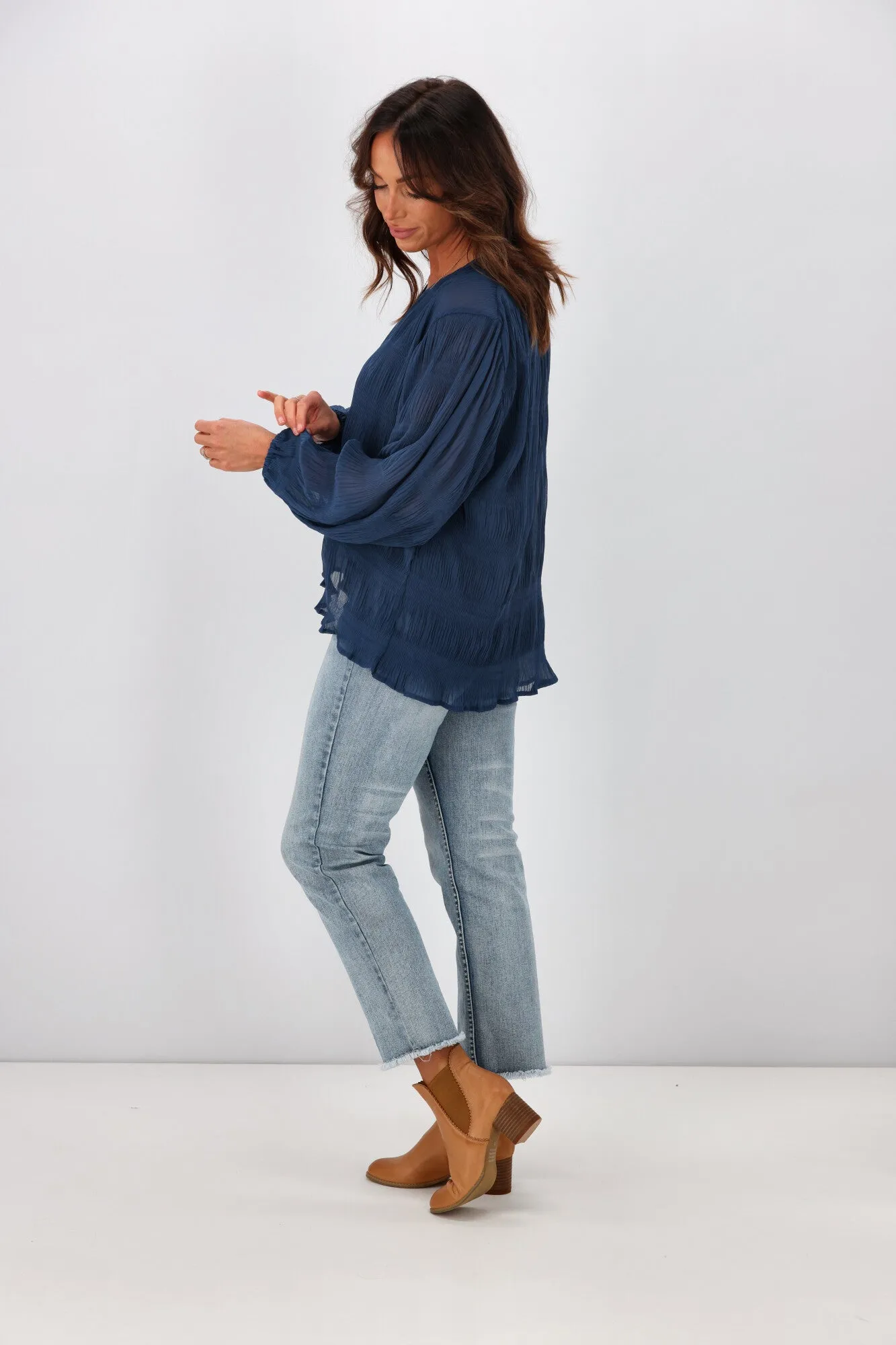 Gloss by Shine On Gemma V Neck Textured Top Prussian Blue sold by Shine On product image thumbnail 5