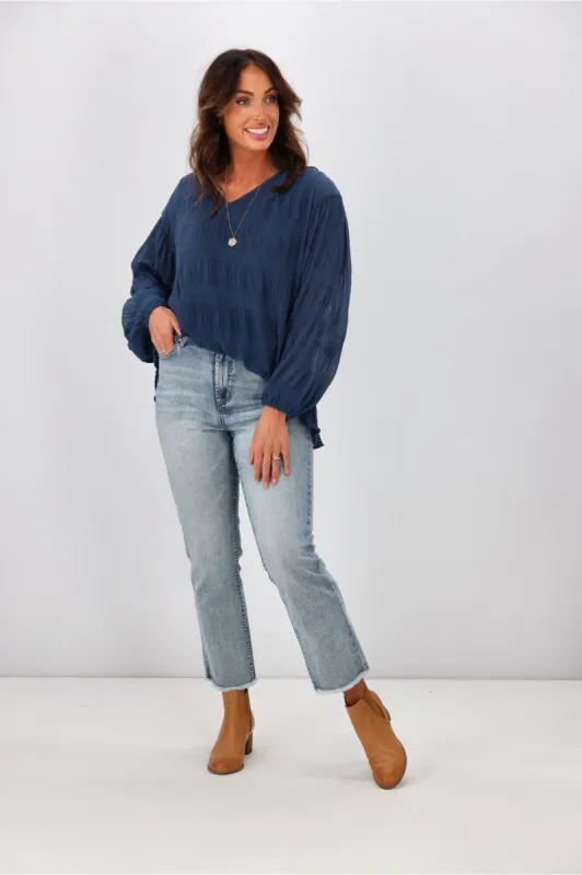 Gloss by Shine On Gemma V Neck Textured Top Prussian Blue sold by Shine On