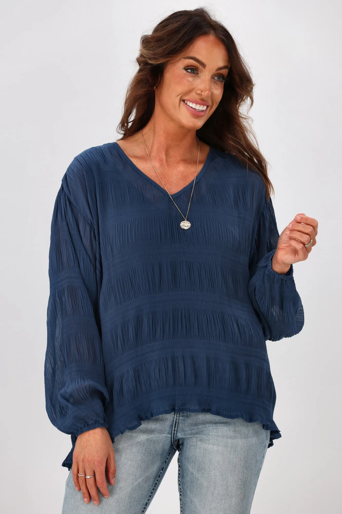 Gloss by Shine On Gemma V Neck Textured Top Prussian Blue sold by Shine On product image thumbnail 2