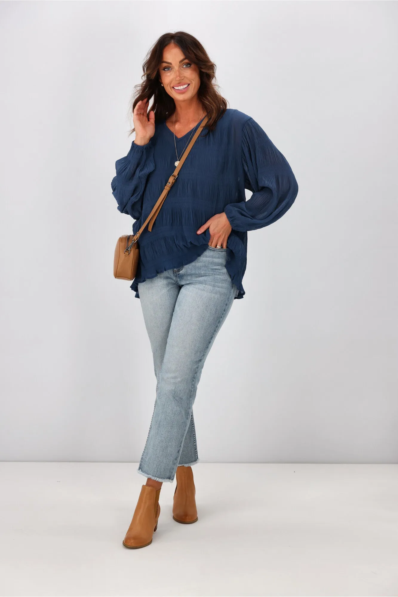 Gloss by Shine On Gemma V Neck Textured Top Prussian Blue sold by Shine On product image thumbnail 3