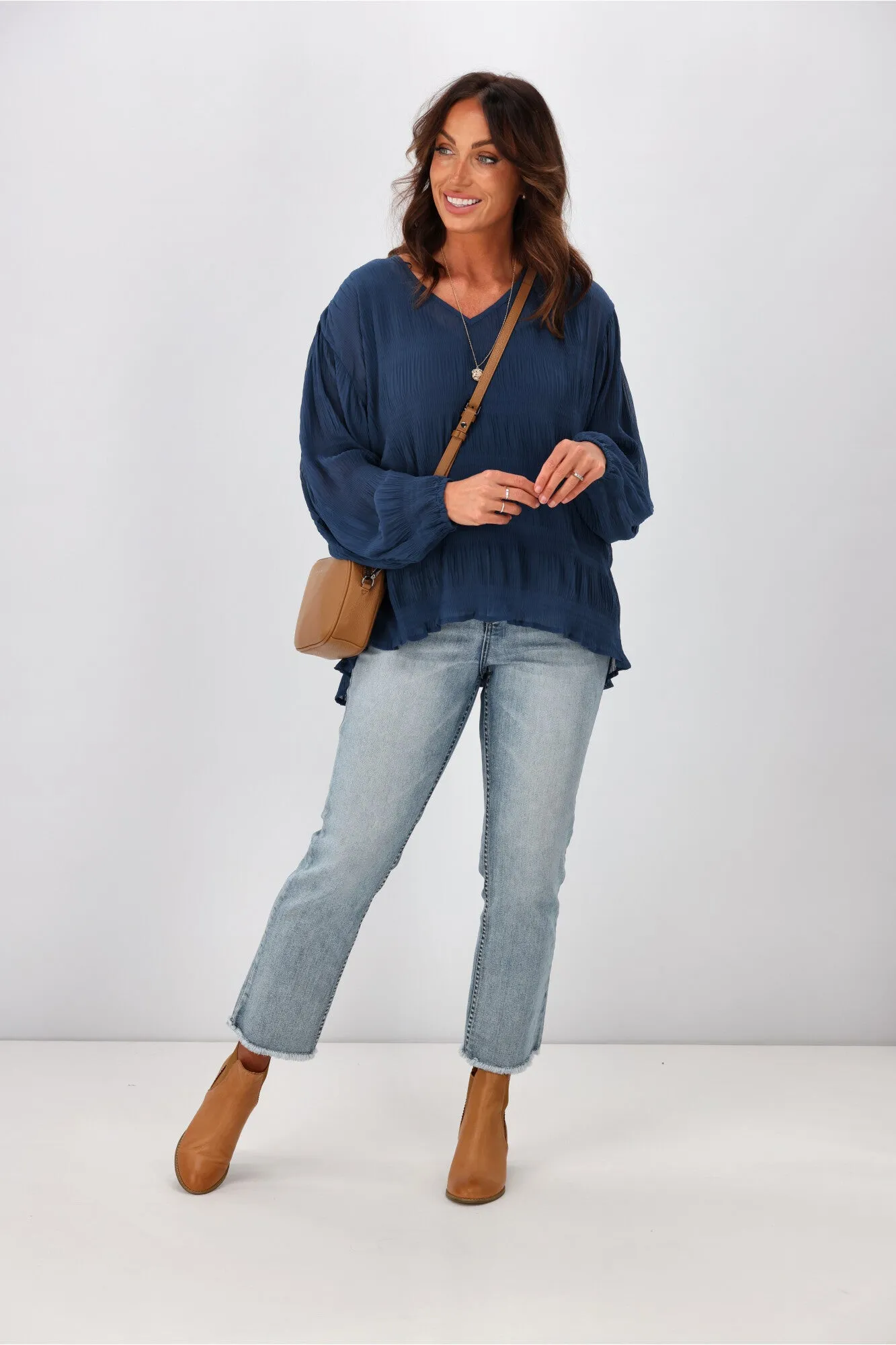 Gloss by Shine On Gemma V Neck Textured Top Prussian Blue sold by Shine On product image thumbnail 4