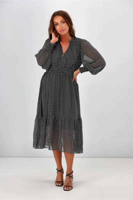 Gloss by Shine On Callie Shirred Ruffle Dress Geo Print sold by Shine On