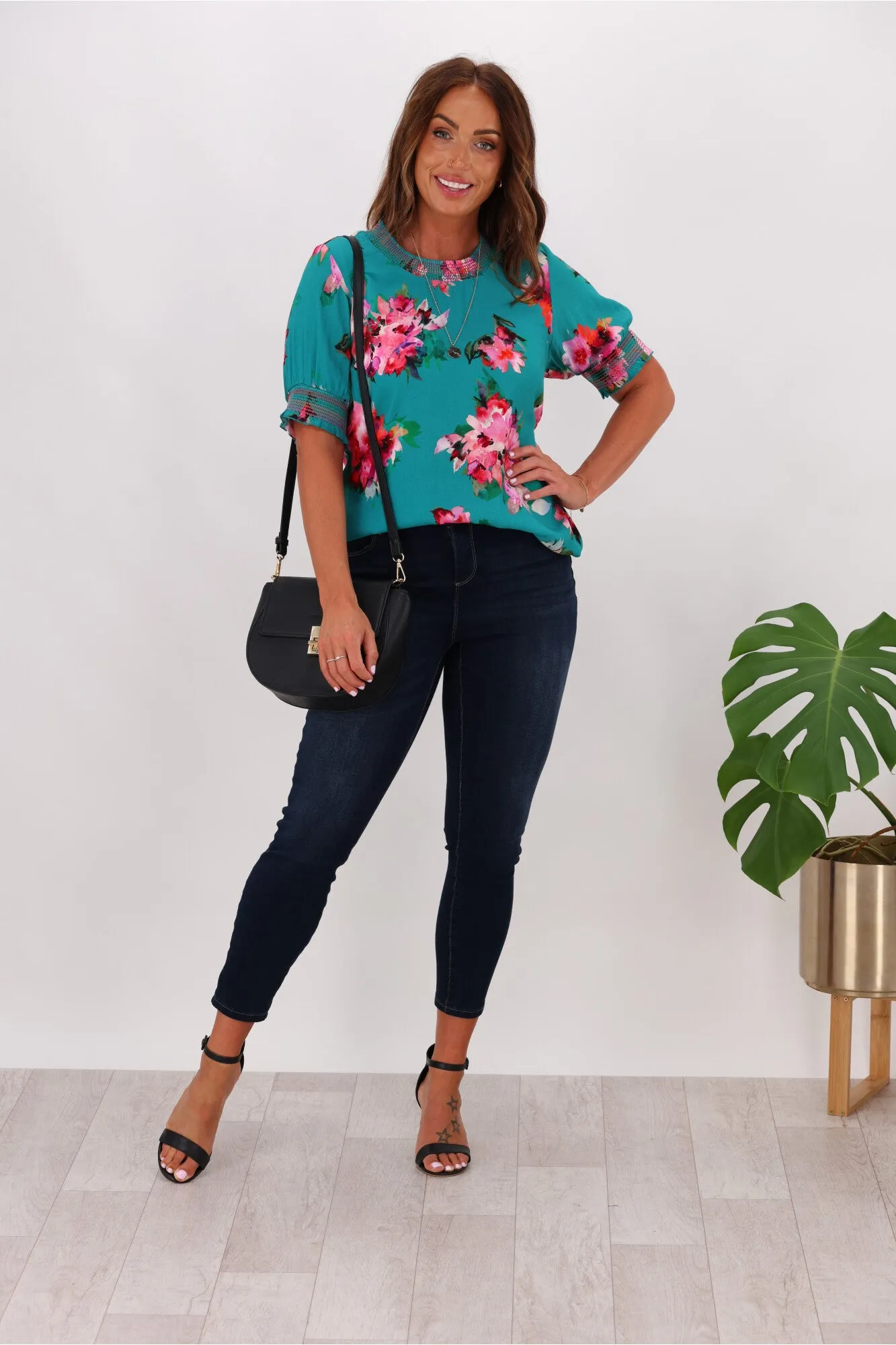 Gloss by Shine On Marieka Shirred Detail Floral Top Green Floral sold by Shine On product image thumbnail 2