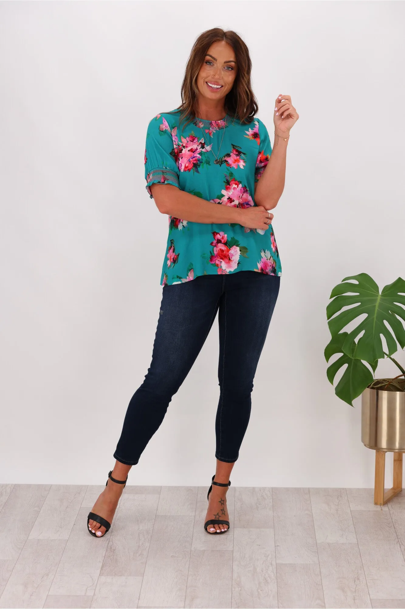 Gloss by Shine On Marieka Shirred Detail Floral Top Green Floral sold by Shine On product image thumbnail 5