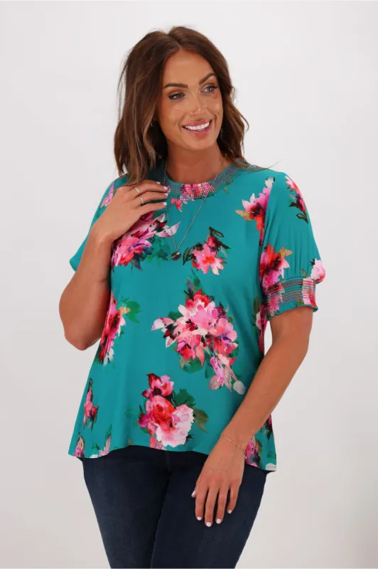 Gloss by Shine On Marieka Shirred Detail Floral Top Green Floral sold by Shine On