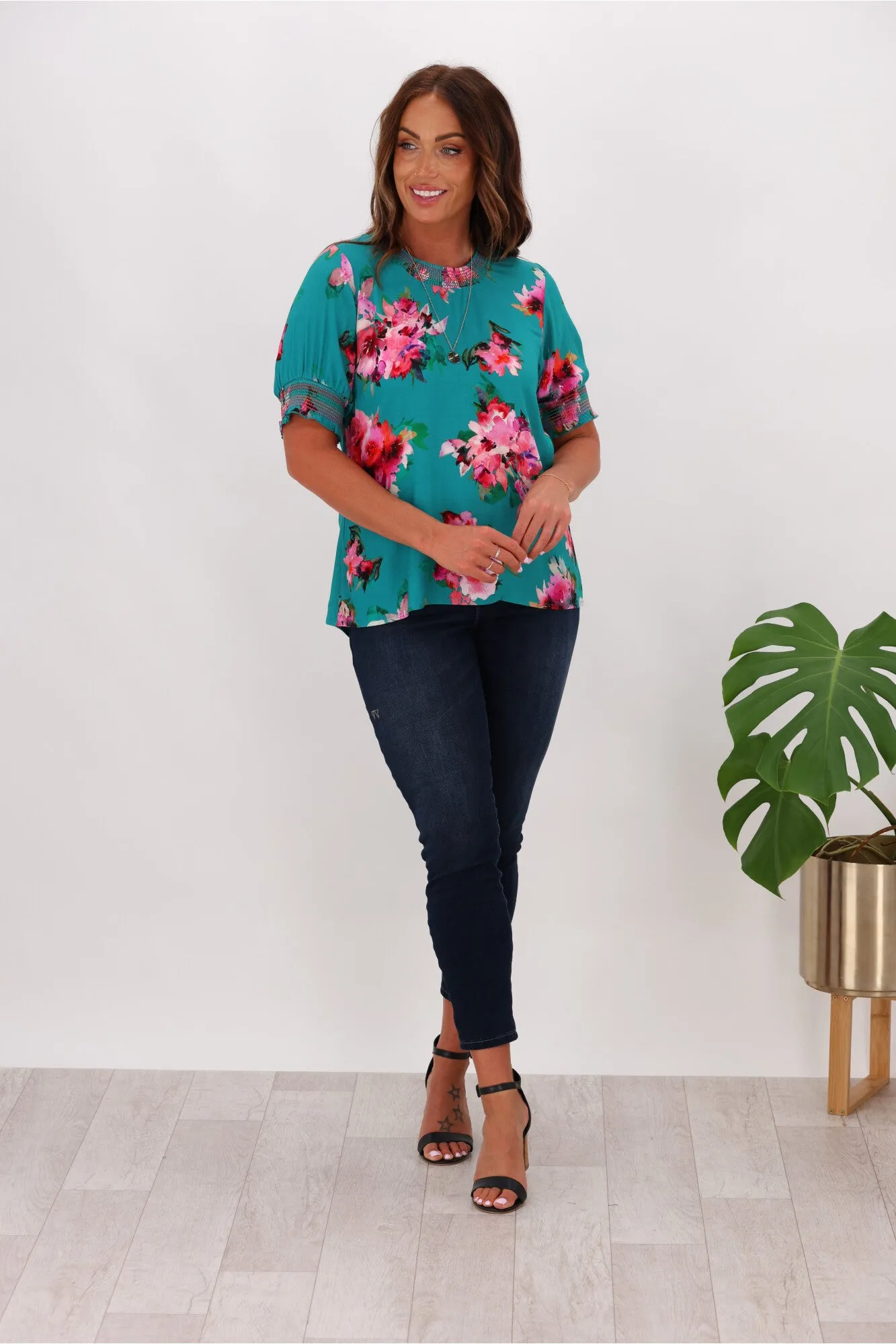 Gloss by Shine On Marieka Shirred Detail Floral Top Green Floral sold by Shine On product image thumbnail 4