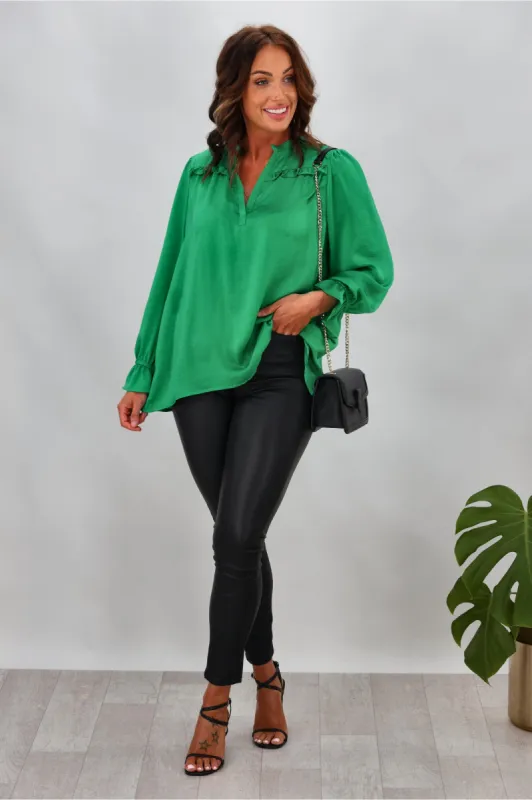 Cali & Co V-neck Frill Sleeve Satin Top Green sold by Shine On