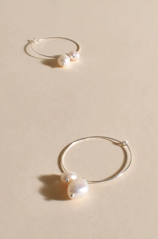 Adorne Double Pearl Drop Hoops Cream Silver made by Shine On