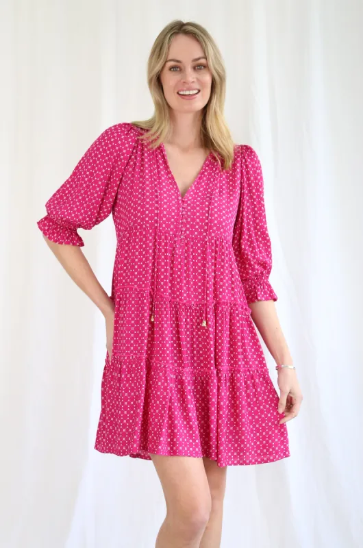 Salty Bright Pippa Tiered Mini Dress Magenta sold by Shine On