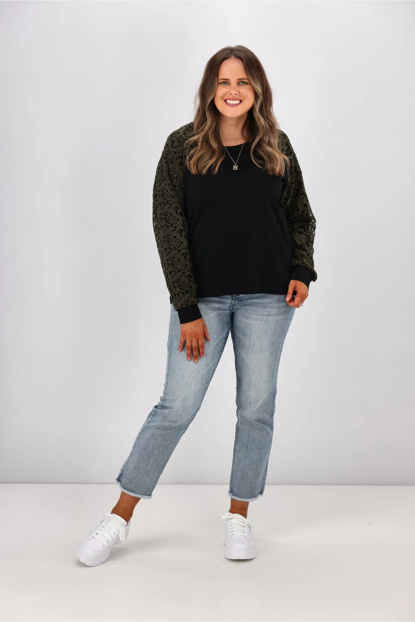 Shine On Label Imani Lace Sleeve Top Black w Olive Lace sold by Shine On product image thumbnail 3