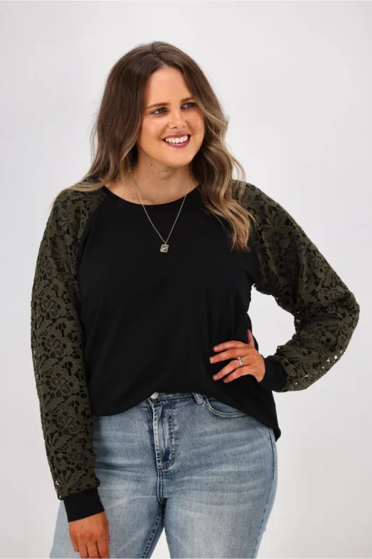 Shine On Label Imani Lace Sleeve Top Black w Olive Lace made by Shine On