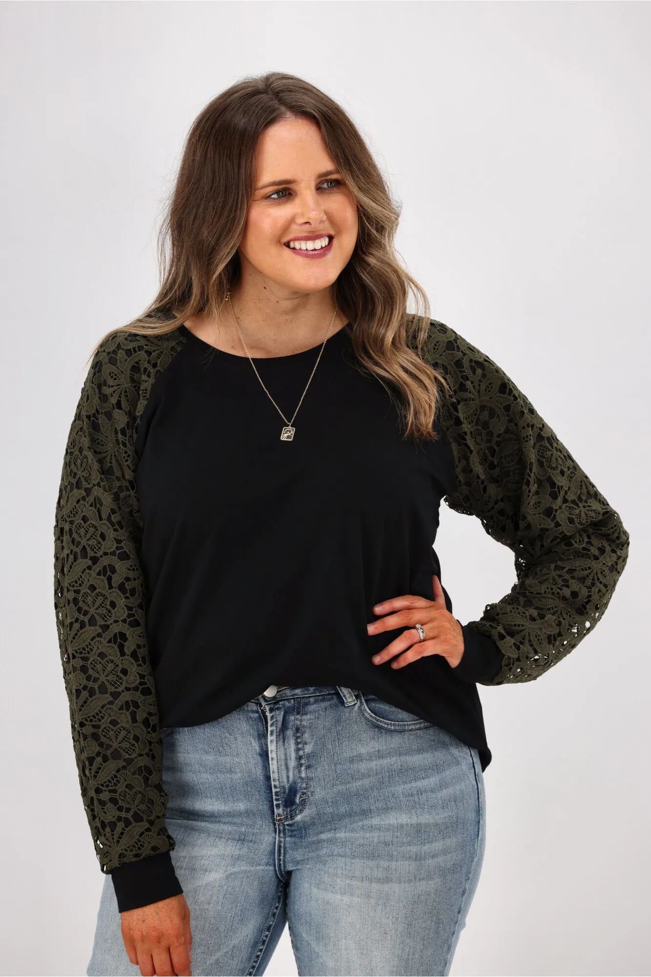 Shine On Label Imani Lace Sleeve Top Black w Olive Lace sold by Shine On