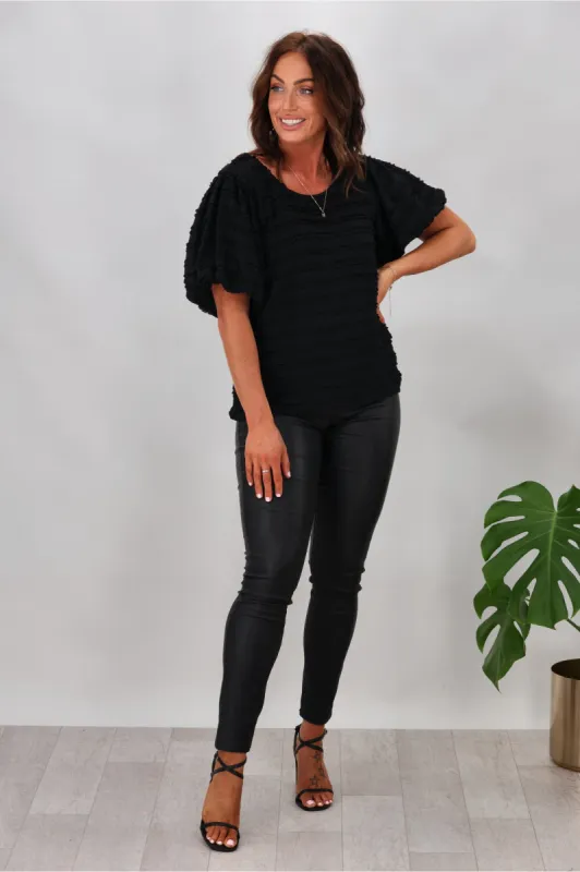 Grace & Co Dezra Puff Sleeve Textured Top Black sold by Shine On