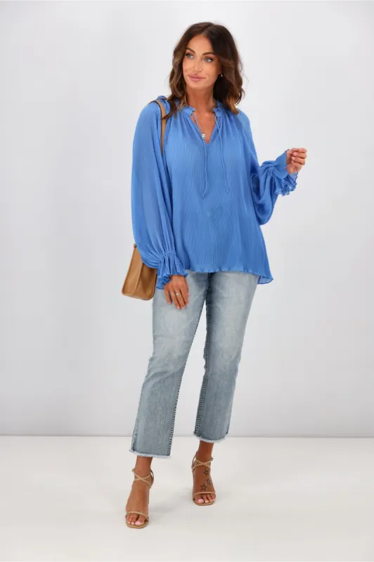 Gloss by Shine On Tani Micro Pleated Frill Top Dusky Blue sold by Shine On