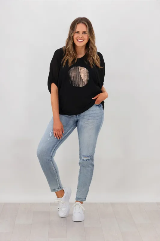 Shine On Label Tahlia Chiffon Sleeve Top Black w Circle Print sold by Shine On