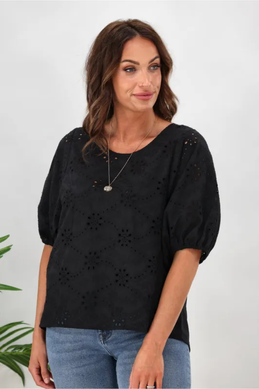 Shine On Label Primrose Broderie Front Top Black sold by Shine On