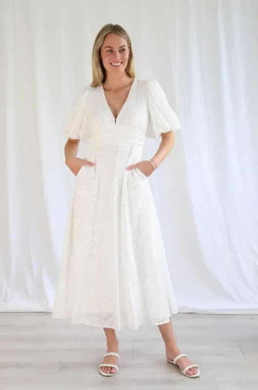 Salty Bright Lana Broderie Midi Dress White sold by Shine On