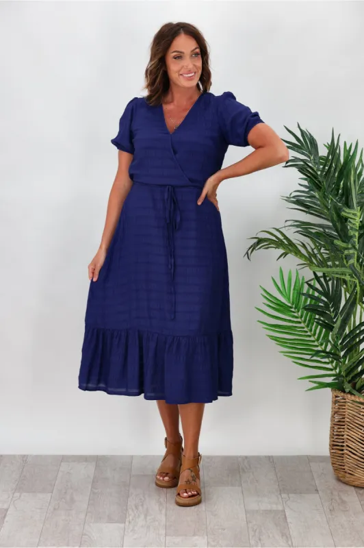 Gloss by Shine On Soren Wrap Dress Blue Self Stripe sold by Shine On