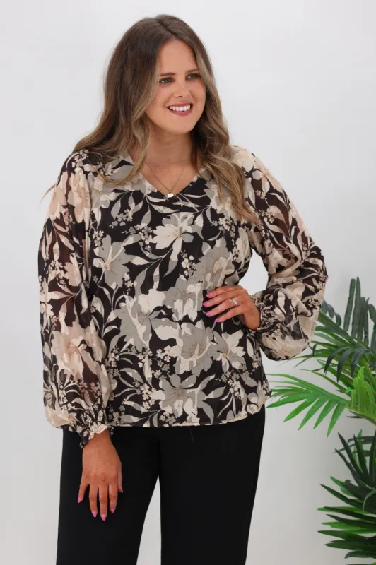 Gloss by Shine Paige Blouse Black Jacquard Floral sold by Shine On