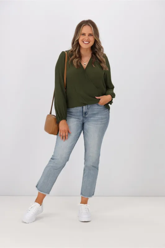 Gloss by Shine On Audrey Cross Front Blouse Olive sold by Shine On