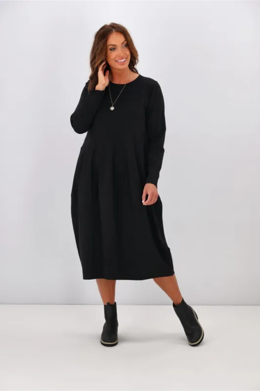 Tirelli L/S Diagonal Seam Dress Black sold by Shine On