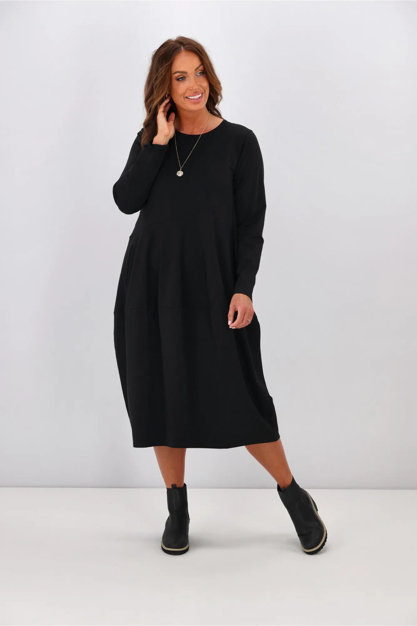 Tirelli L/S Diagonal Seam Dress Black sold by Shine On