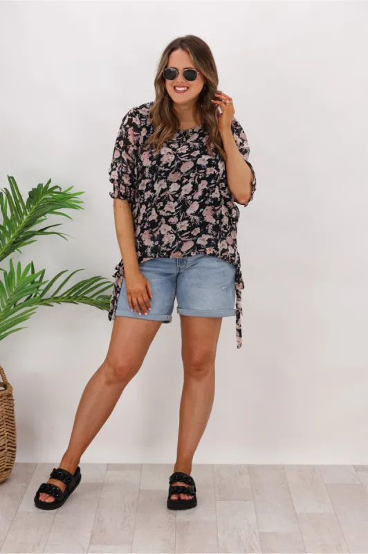 AE Luxe Side Ribbon Chiffon Floral Top Black sold by Shine On