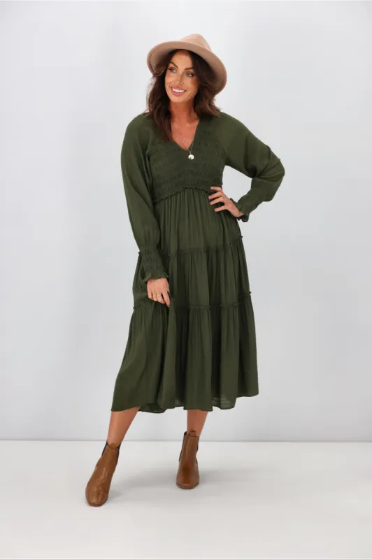 Gloss by Shine On Brianna Angle Shirred Bodice Dress Olive sold by Shine On