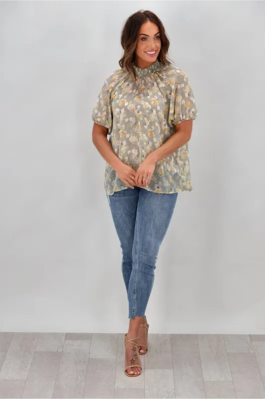 Gloss by Shine On Samala Ruffle Neck Top Sage Floral sold by Shine On