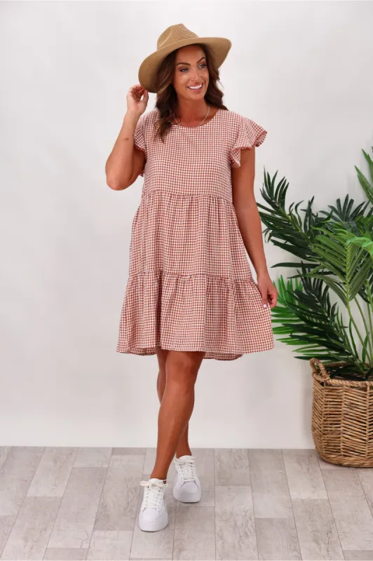 Miracle Lace Trim Gingham Ruffle Dress Rust sold by Shine On