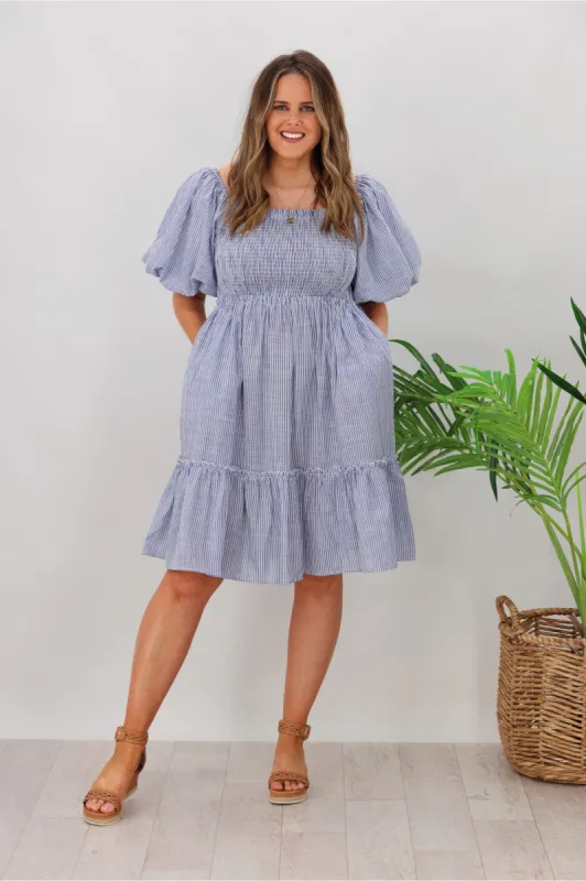 Natural Bay Layla Puff Sleeve Frill Dress Blue sold by Shine On