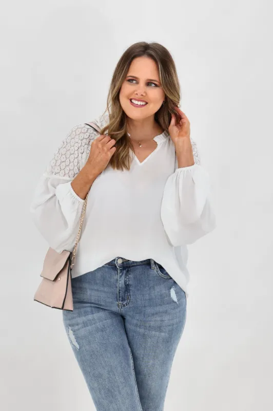 Gloss by Shine On Isadora Lace Shoulder Raglan Blouse Ivory sold by Shine On