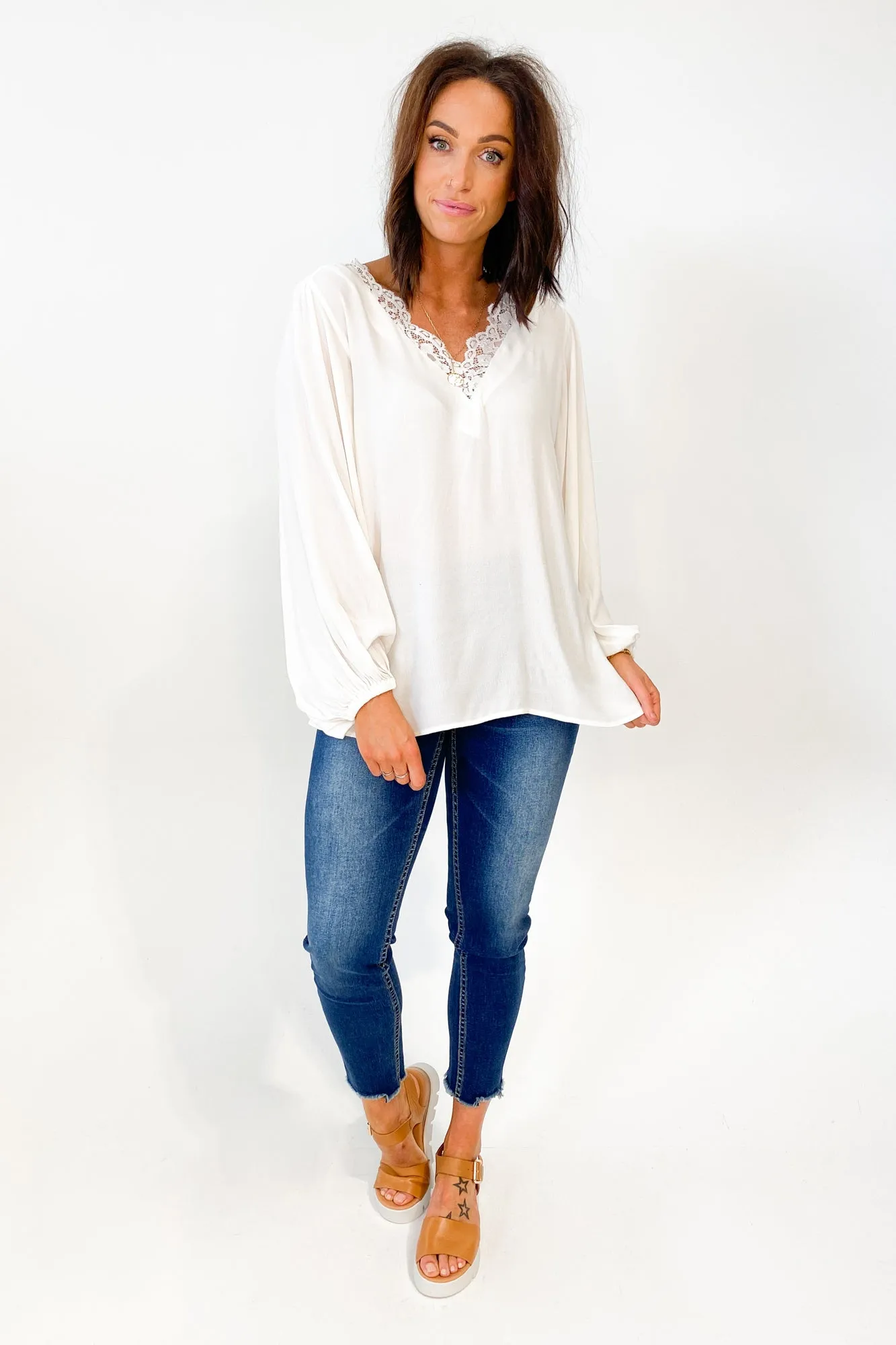 Gloss by Shine On Delphine Lace Neck Blouse White sold by Shine On