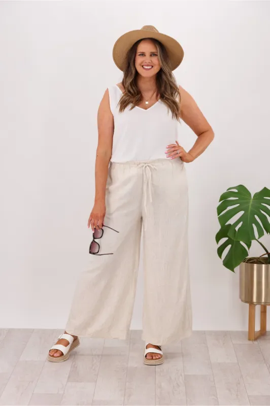Miracle Tracey Wide Leg Linen Drawstring Pant Natural sold by Shine On