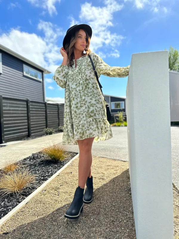 Gloss by Shine On Kian Shirred Front Dress Olive Shadow Print sold by Shine On