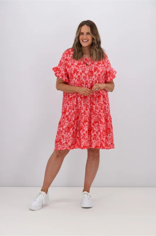 Gloss by Shine On Bramley Frill Sleeve Dress Pink Red Floral sold by Shine On