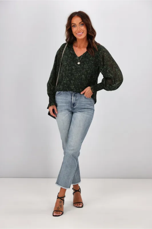 Gloss by Shine On Taneille Blouson Sleeve Top Green Floral sold by Shine On