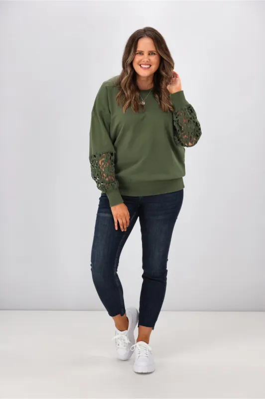 Shine On Label Yasmin Lace Sleeve Sweatshirt Olive sold by Shine On