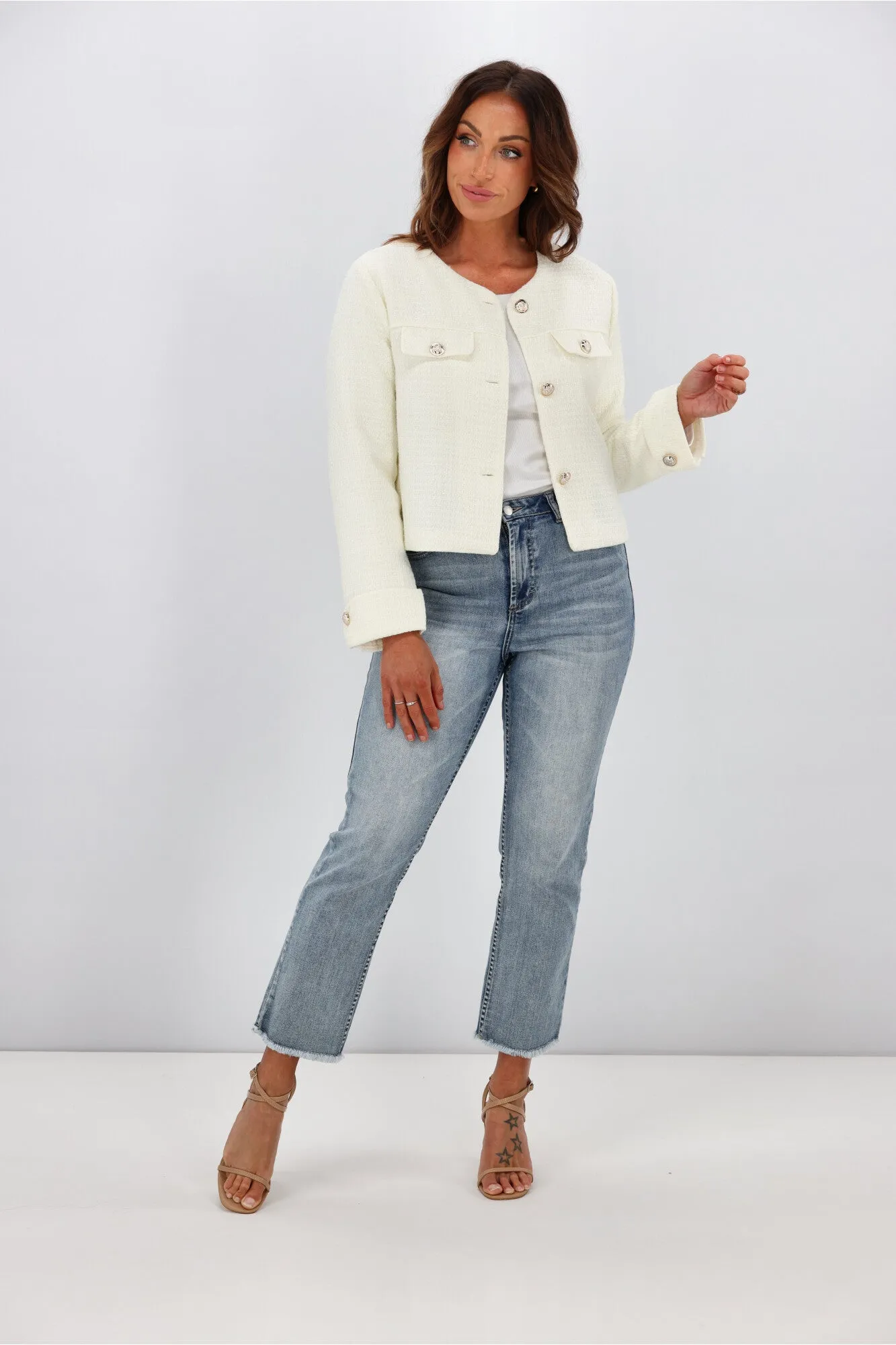 Fria Vivienne Collarless Jacket White sold by Shine On product image thumbnail 3