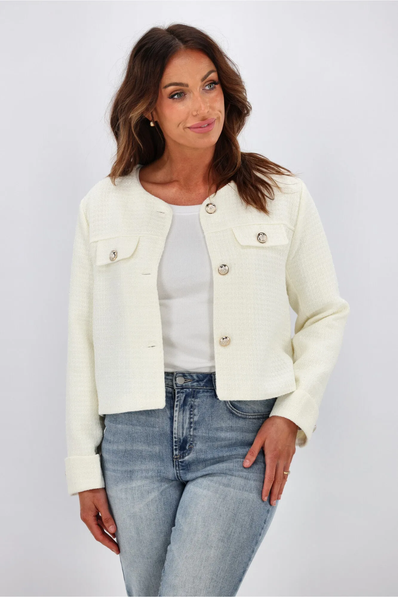 Fria Vivienne Collarless Jacket White sold by Shine On product image thumbnail 2