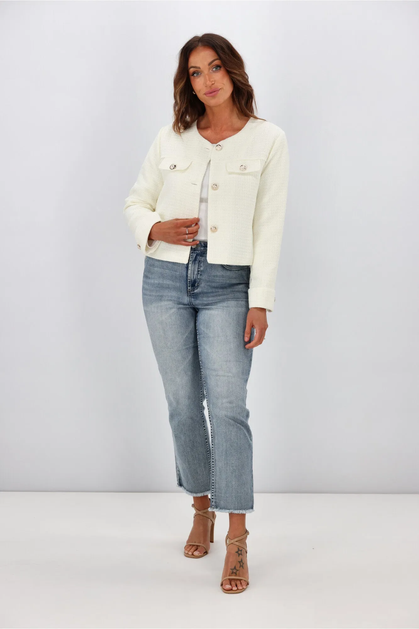 Fria Vivienne Collarless Jacket White sold by Shine On