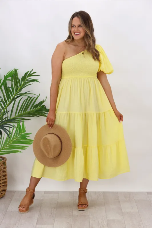 Iris Maxi Celia One Shoulder Puff Dress Yellow sold by Shine On