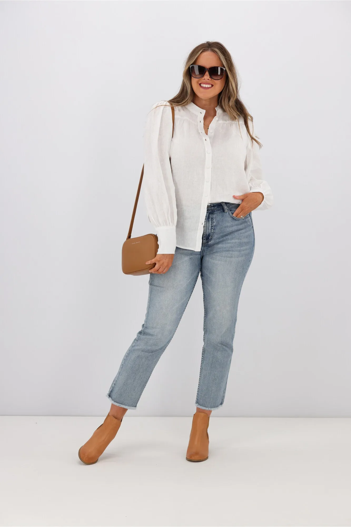 Fria Jessamine Linen Peasant Sleeve Blouse White sold by Shine On product image thumbnail 3