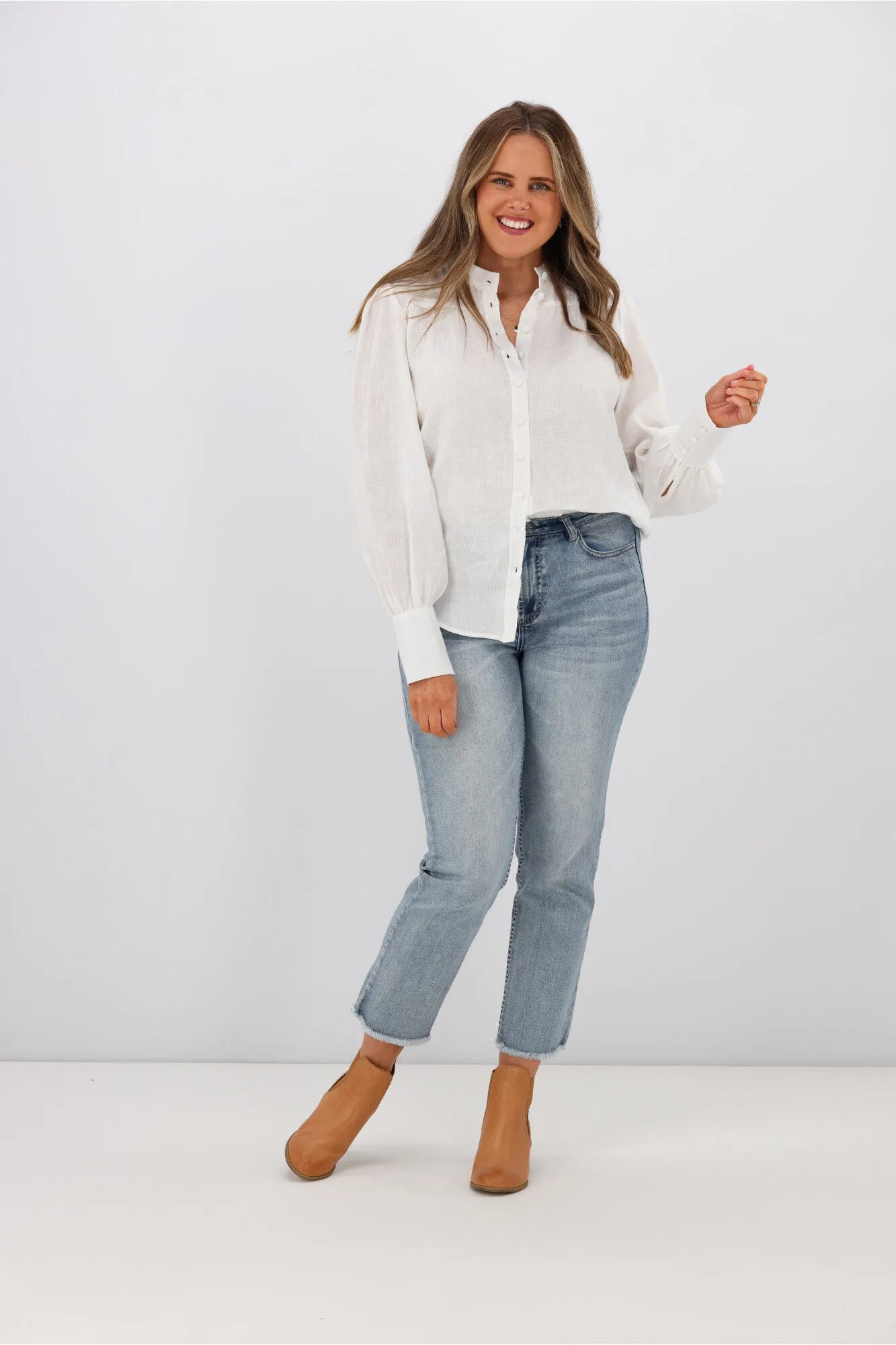 Fria Jessamine Linen Peasant Sleeve Blouse White sold by Shine On product image thumbnail 2