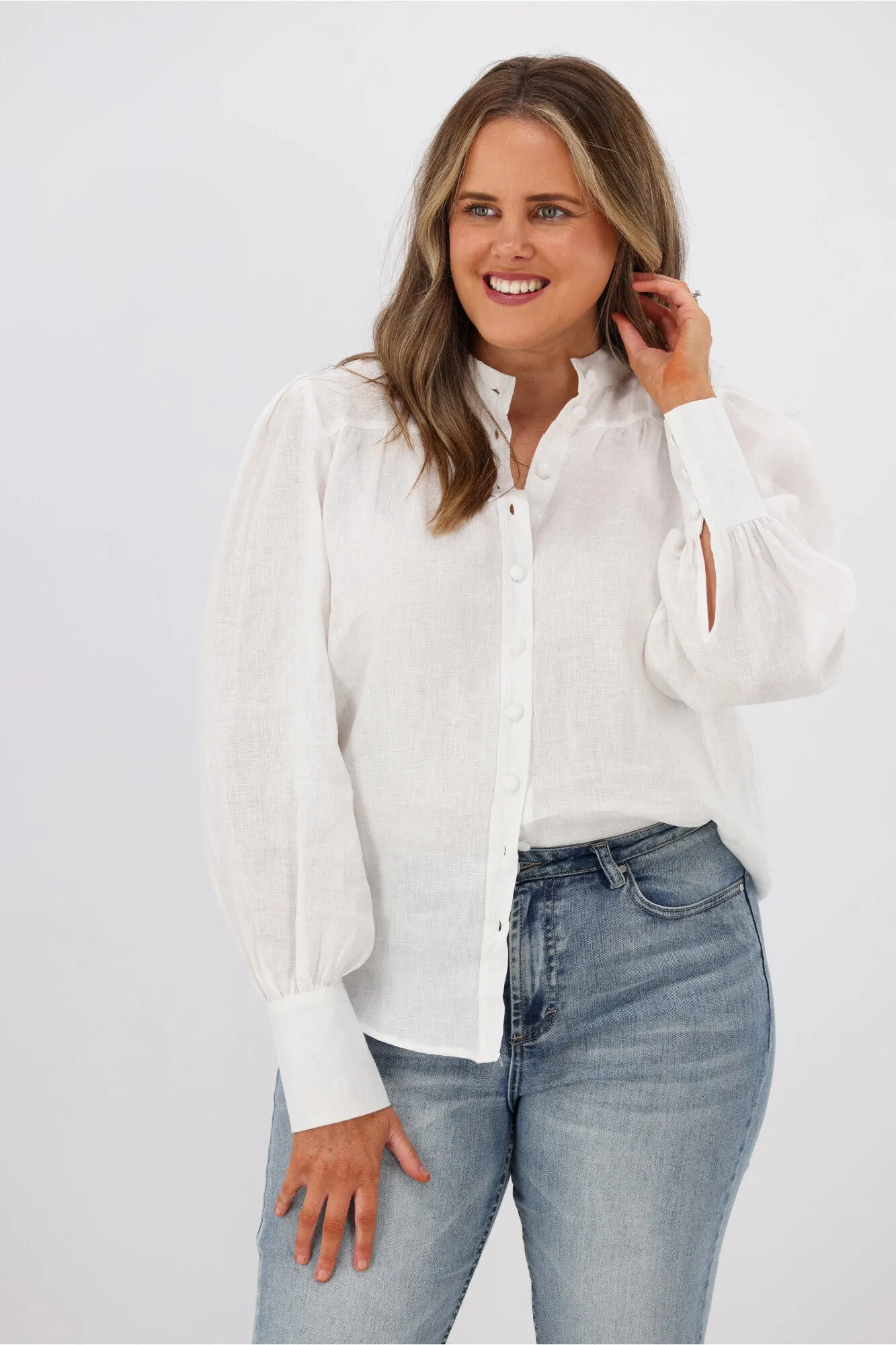 Fria Jessamine Linen Peasant Sleeve Blouse White sold by Shine On