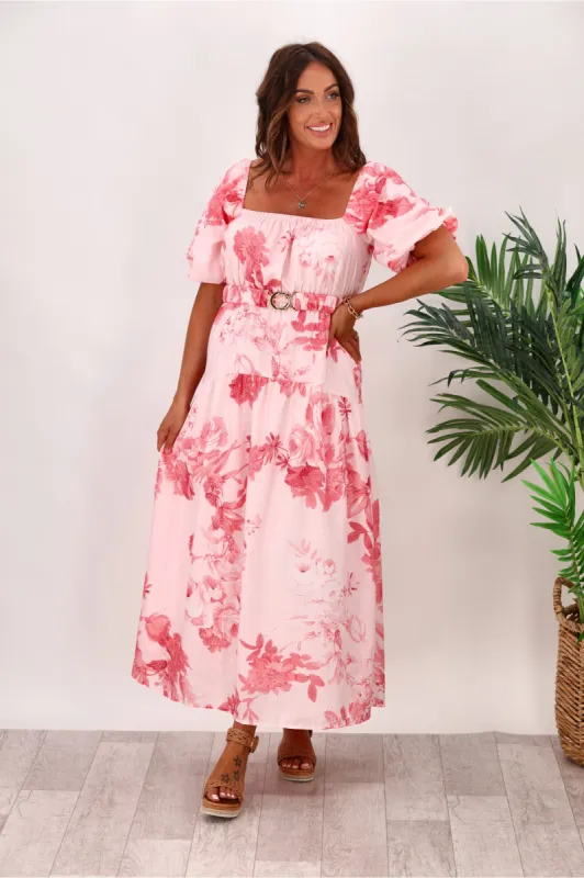 Style State Floral Maxi Dress With Belt White Pink sold by Shine On