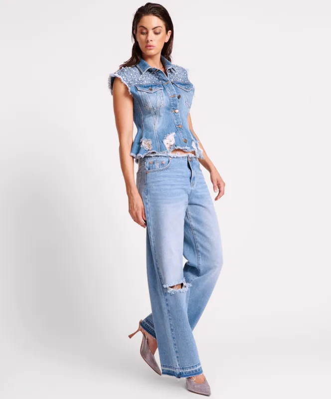 One Teaspoon Lowriders Low Waist Wide Leg Jeans Bolt Blue sold by Shine On