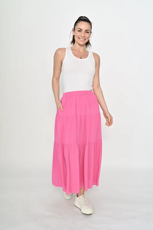 La Mode Side Pocket Tiered Maxi Skirt Pink sold by Shine On