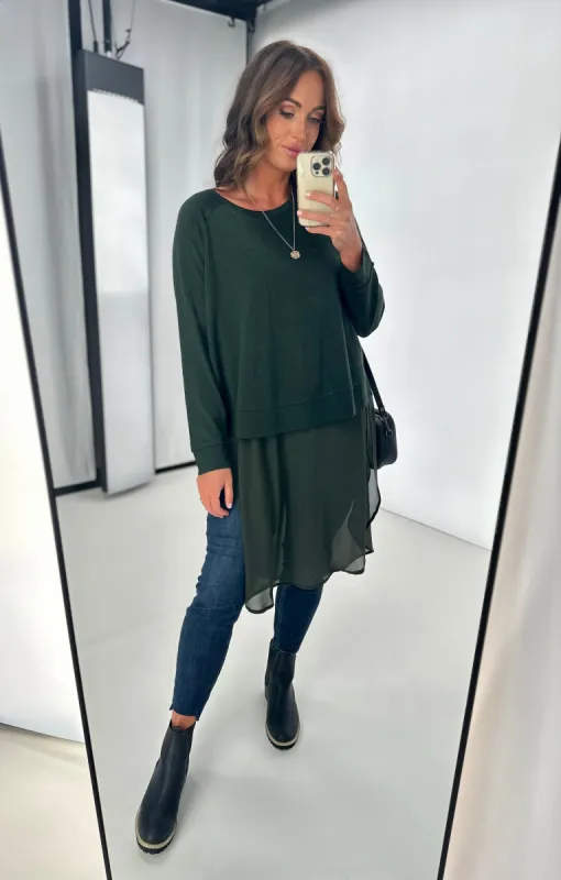 Alpine by Shine On Phoebe Merino & Chiffon Tunic Olive sold by Shine On
