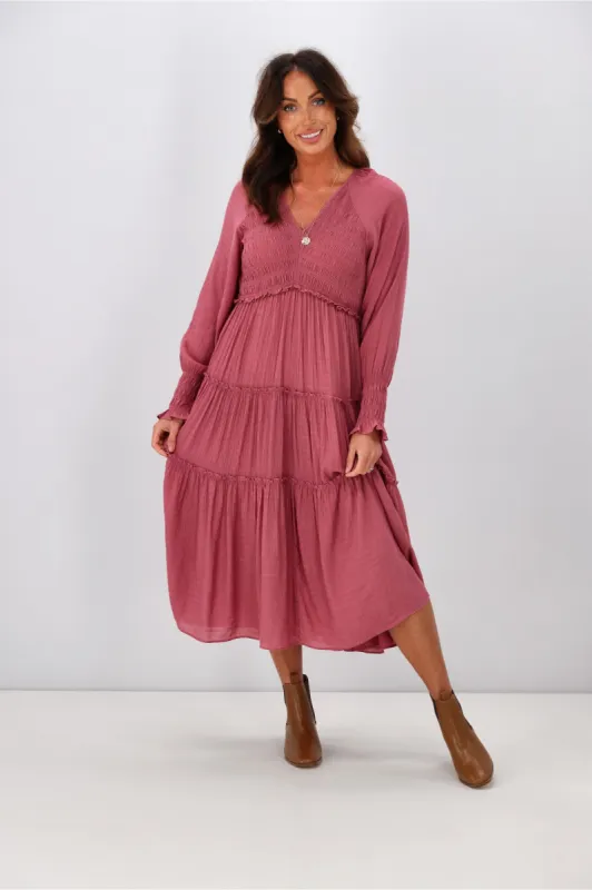 Gloss by Shine On Brianna Angle Shirred Bodice Dress Rose sold by Shine On